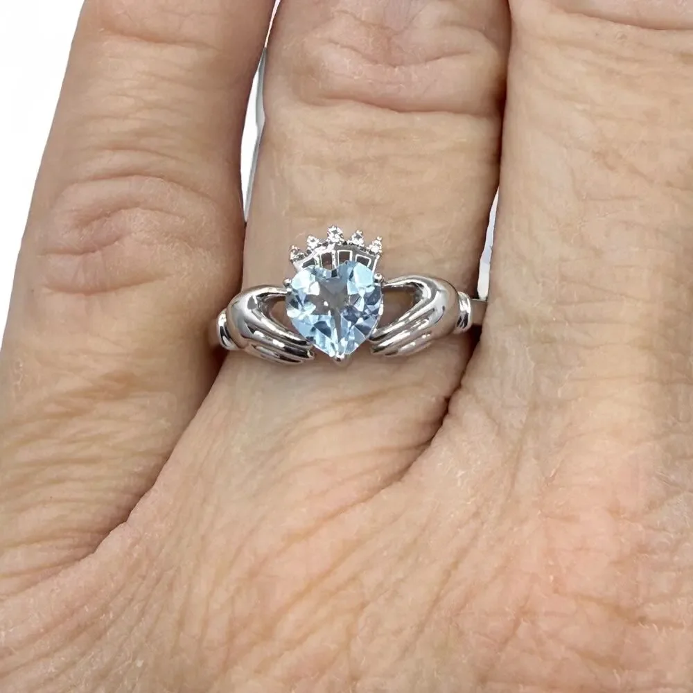 Blue Topaz Diamond Claddagh Ring 925 Sterling Silver Size 7 Love Loyalty Crown